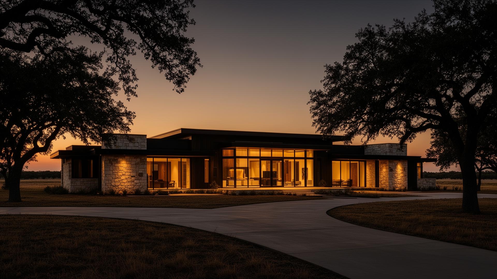 Luxury Texas ranch home at dusk